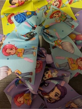2 K-pop Colorful Cartoon Character Hair Bows - Set of Large Printed Bows